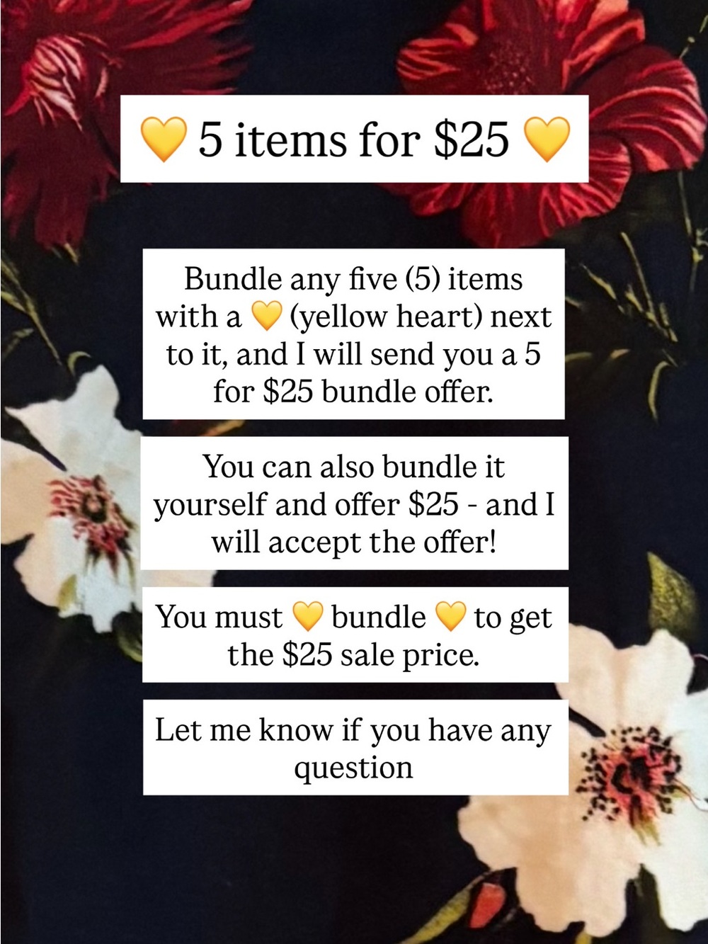 💛 5 ITEMS FOR $25 SALE!!!! 💛
💛Look for the yellow heart 💛